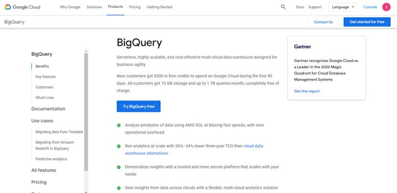 Google BigQuery Serverless Cloud based, Fast SQL Database Software.