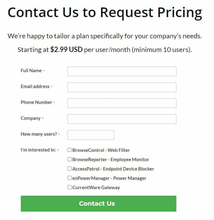 CurrentWare - Pricing - Contact form