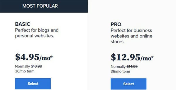 Bluehost Web Hosting Pricing Plan 