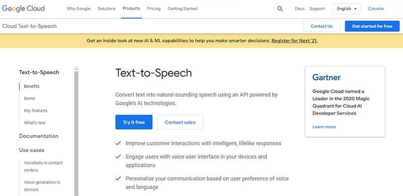 Google Cloud Text to Speech is the Best Text to Speech Software for Application Developers