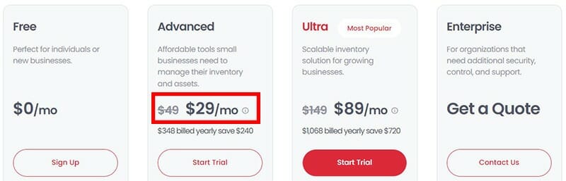 Sortly Advanced Pricing Plan