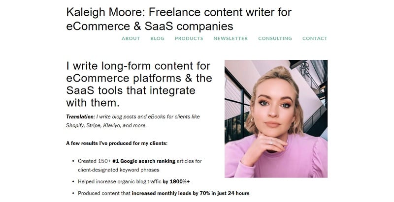 24. Kaleigh Moore - Writer Website example