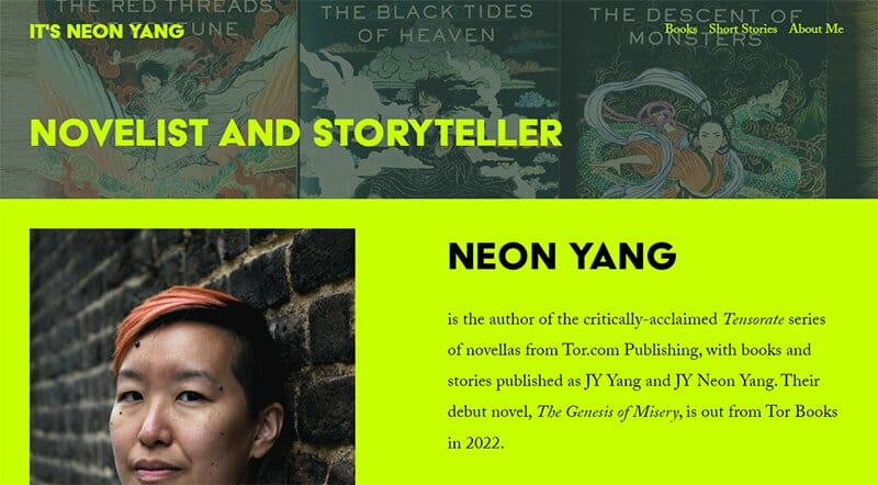 33. Neon Yang - Author Websites Example