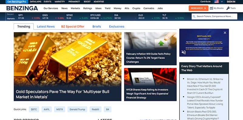 5. Benzinga - Amazing Stock Broker Website Design Examples