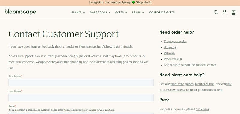 12. Bloomscape - Contact Us Page Example