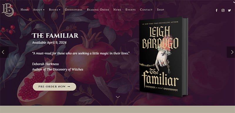 16. Leigh Bardugo - Beautiful Book Website Design Example