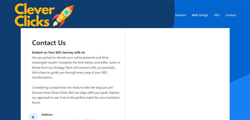 34. Clever Clicks - Contact Us Page Example